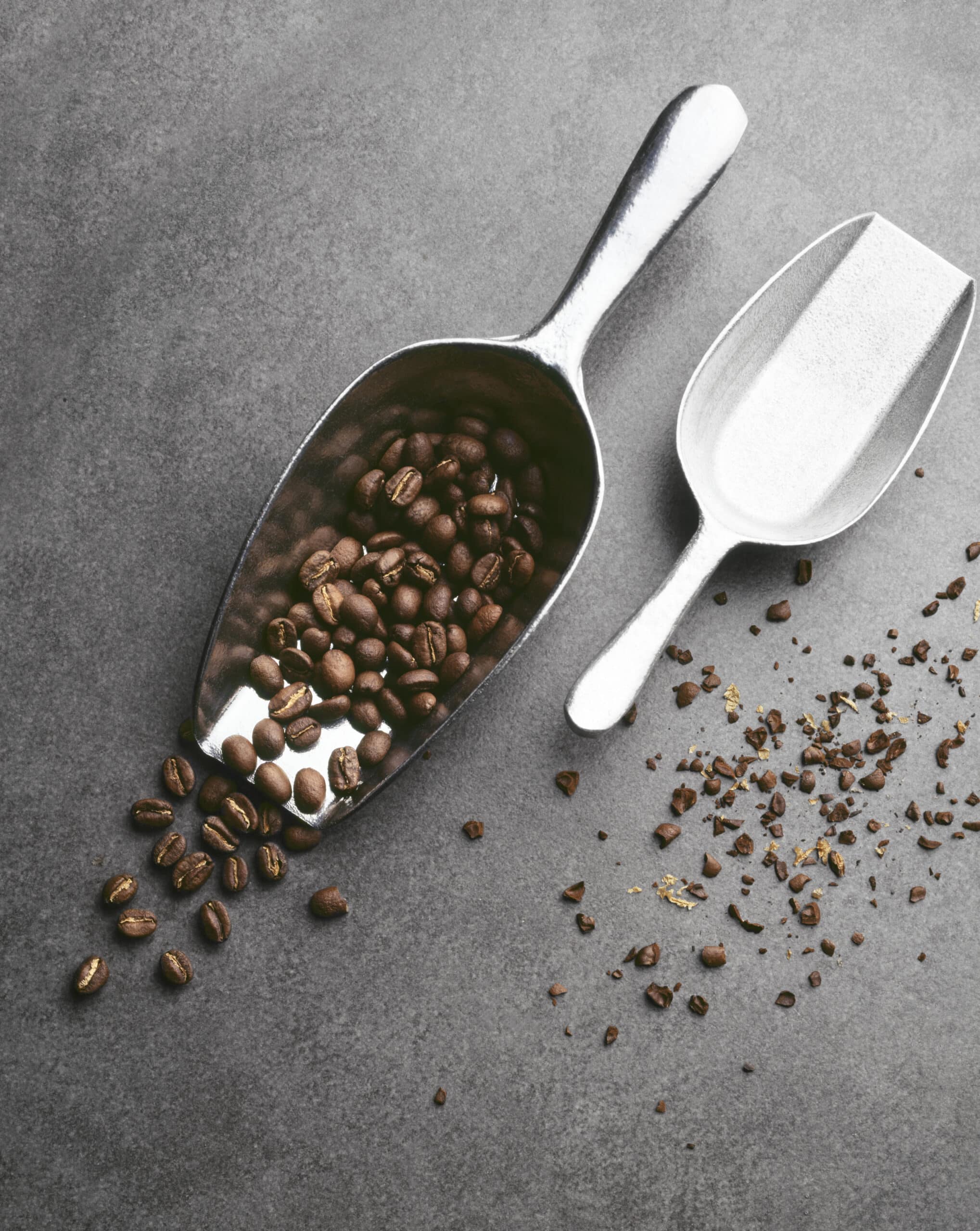 Grains de café torréfiés dans une pelle en inox