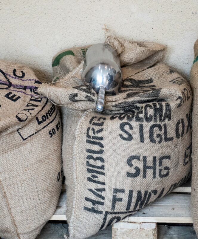 Sacs de café vert en toile de jute posés sur une palette, avec une pelle en inox