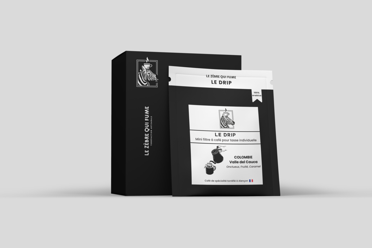 Boîte noire et sachet du Drip, café de spécialité de Colombie torréfié à Alençon