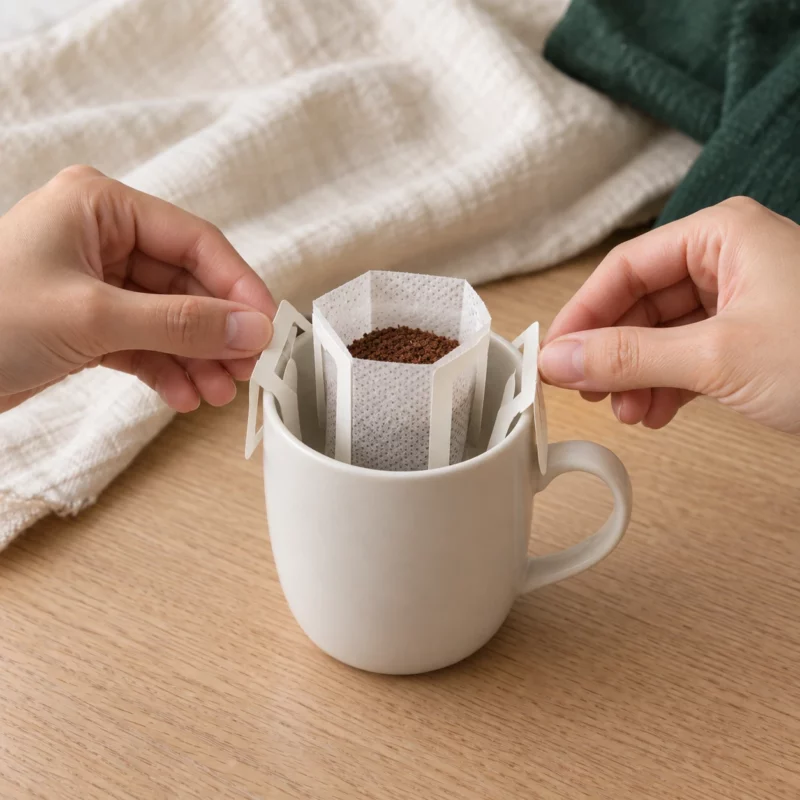 Illustration : les deux attaches du drip coffee bag accrochées au bord d’une tasse blanche