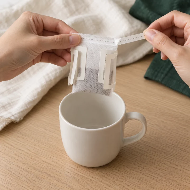 Illustration : ouverture d’un drip coffee bag le long des pointillés, au-dessus d’une tasse blanche