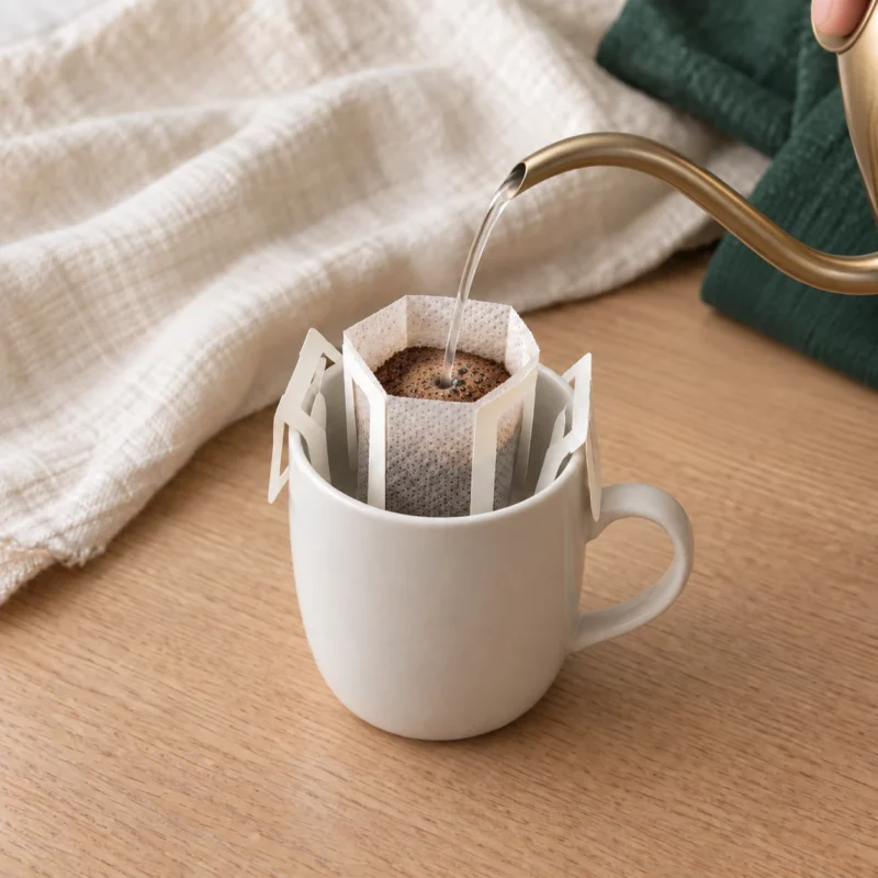 Illustration : eau chaude versée avec une bouilloire à col de cygne dans un drip coffee bag posé sur une tasse