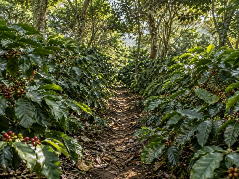 Caféiers chargés de cerises de café dans une plantation