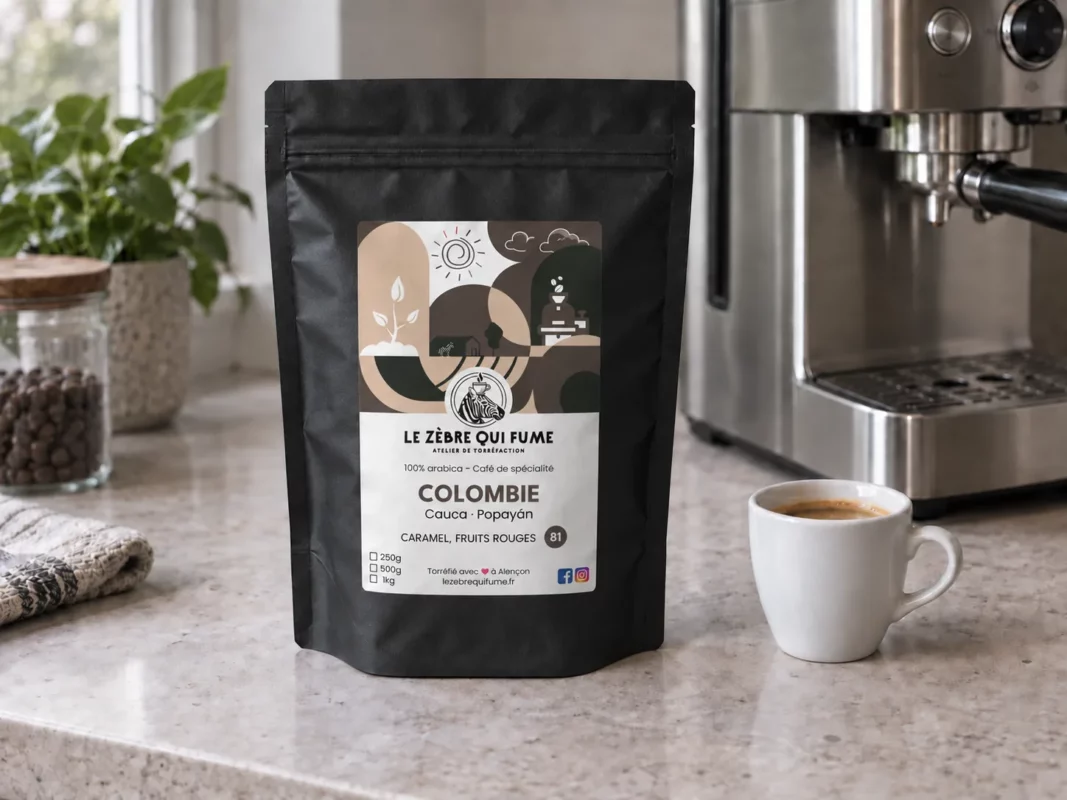 Sachet noir de café de Colombie, étiquette Le Zèbre qui Fume, à côté d’une tasse d’espresso et d’une machine sur un plan de travail