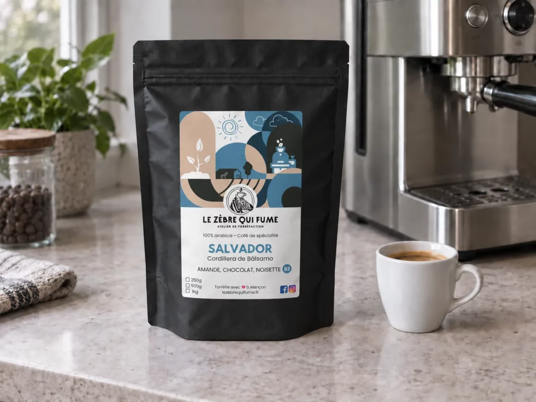 Sachet noir de café Salvador Cordillera de Bálsamo, étiquette Le Zèbre qui Fume, à côté d'une tasse d'espresso et d'une machine sur un plan de travail