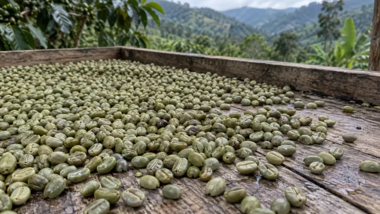 Illustration : grains de café vert sur une table en bois humide, caféiers et bananiers sur les collines