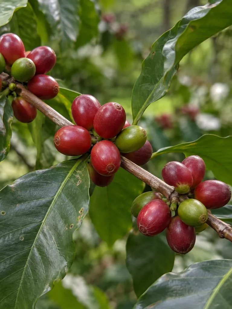 Cerises de café rouges et vertes sur une branche de caféier
