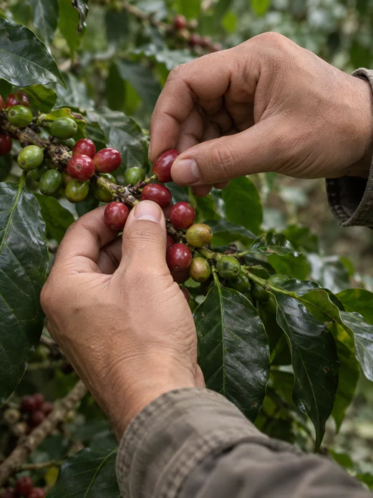 Cueillette à la main des cerises de café mûres