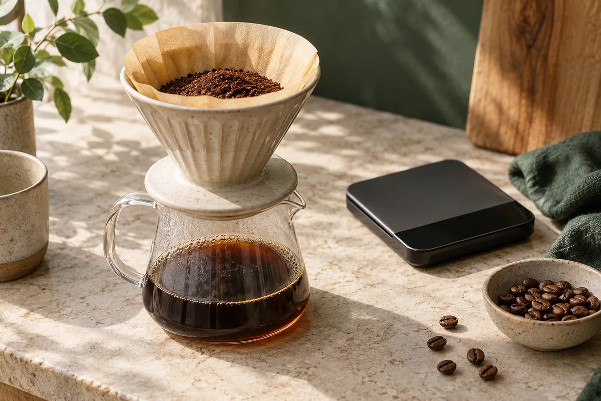 Dosage du café filtre avec une balance, du café moulu et des grains torréfiés