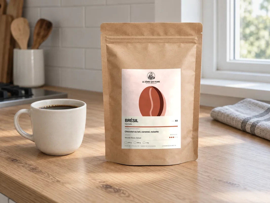 Sachet de café Brésil Cerrado près de la tasse de café à la fenêtre