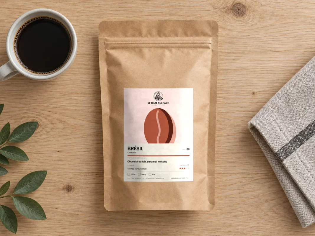 Sachet de café Brésil Cerrado et une tasse de café vus du dessus sur une table