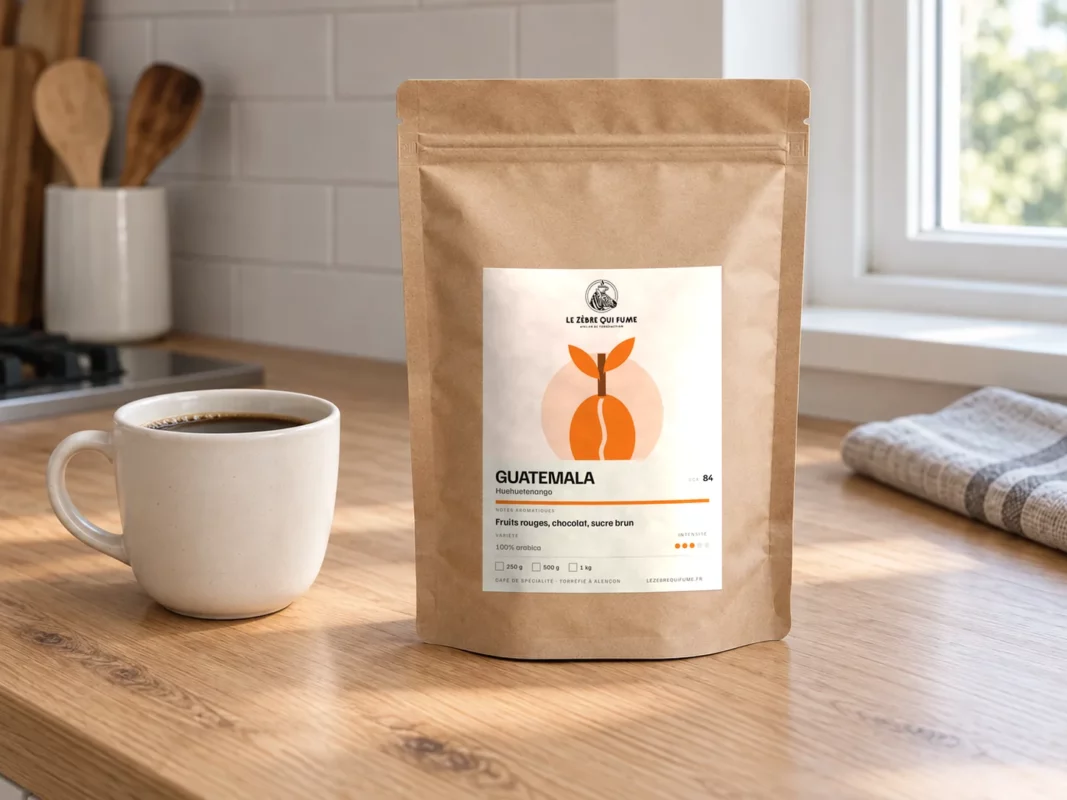 Sachet de café Guatemala Huehuetenango près de la tasse de café à la fenêtre