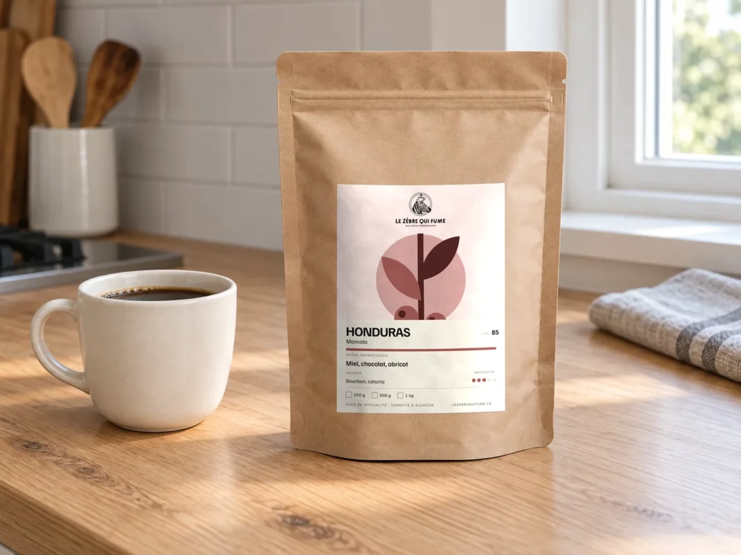 Sachet de café du Honduras près de la tasse de café à la fenêtre