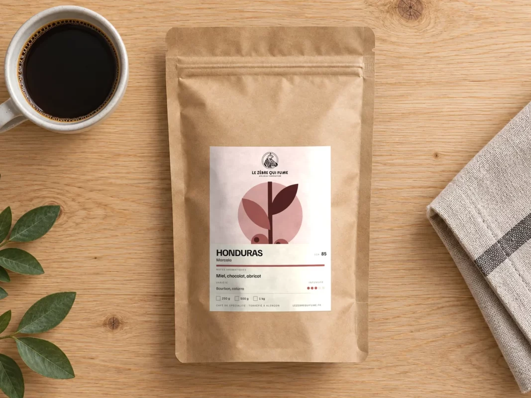 Sachet de café du Honduras et une tasse de café vus du dessus sur une table