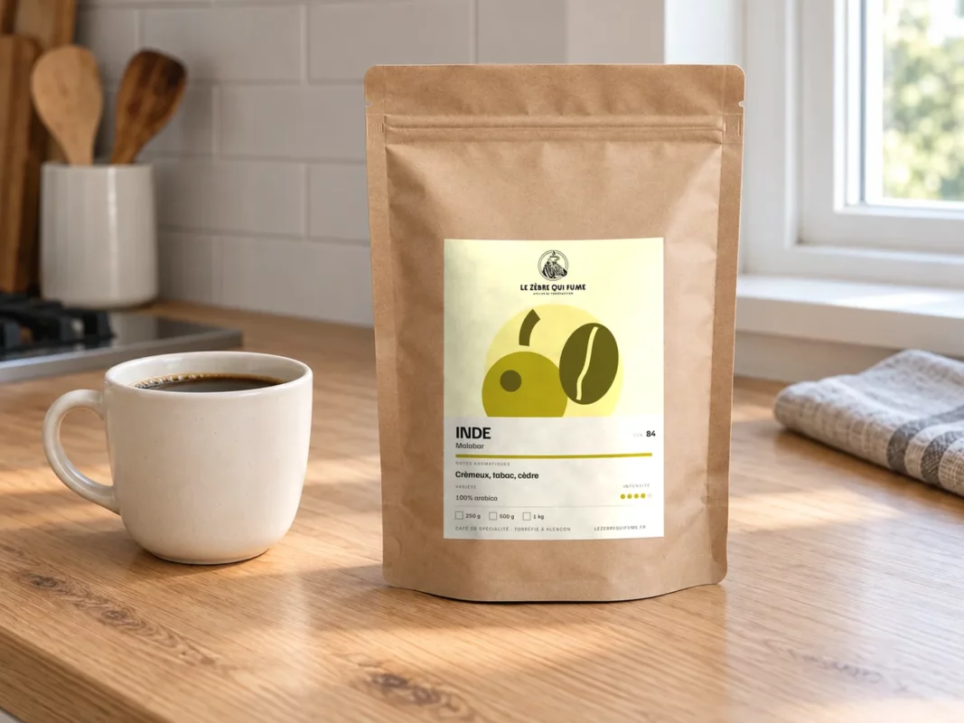 Sachet de café Inde Malabar près de la tasse de café à la fenêtre
