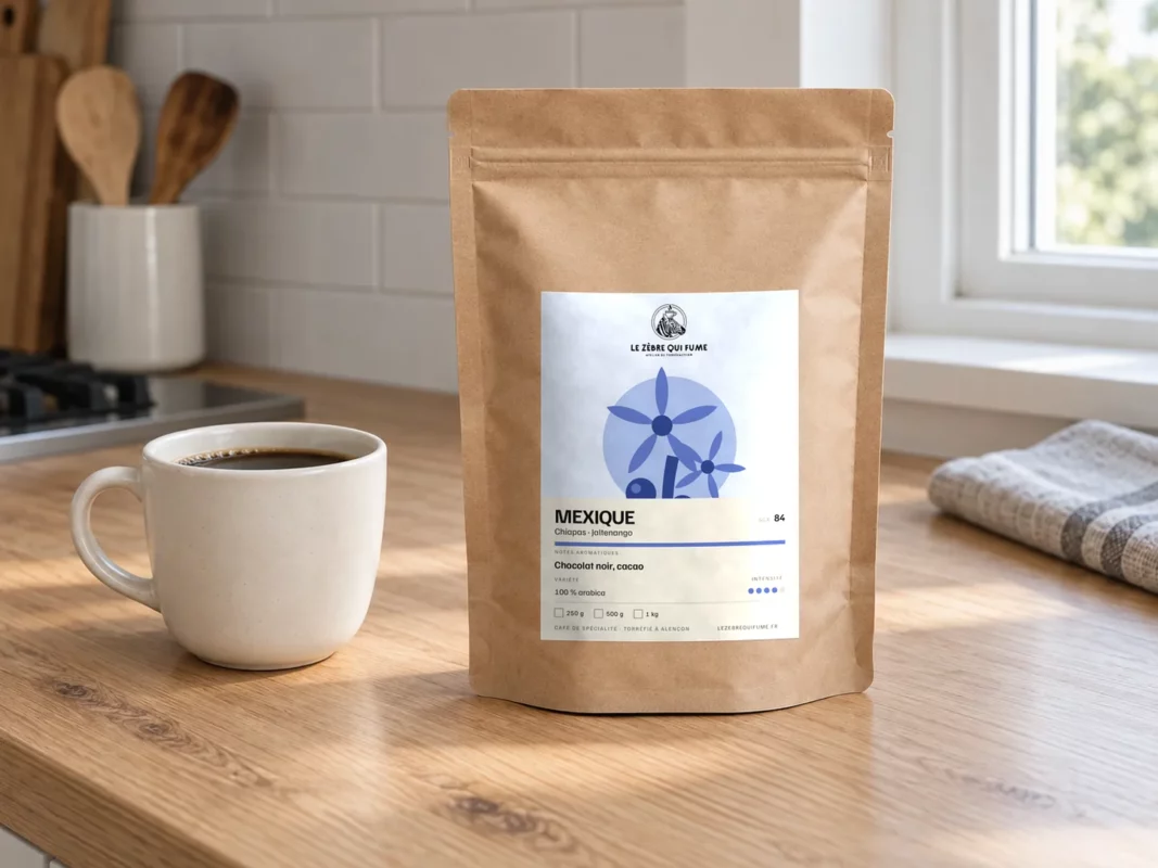 Sachet de café du Mexique, Chiapas, près de la tasse de café à la fenêtre