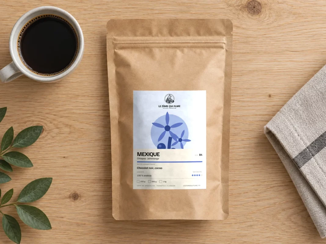 Sachet de café du Mexique, Chiapas, et une tasse de café vus du dessus sur une table