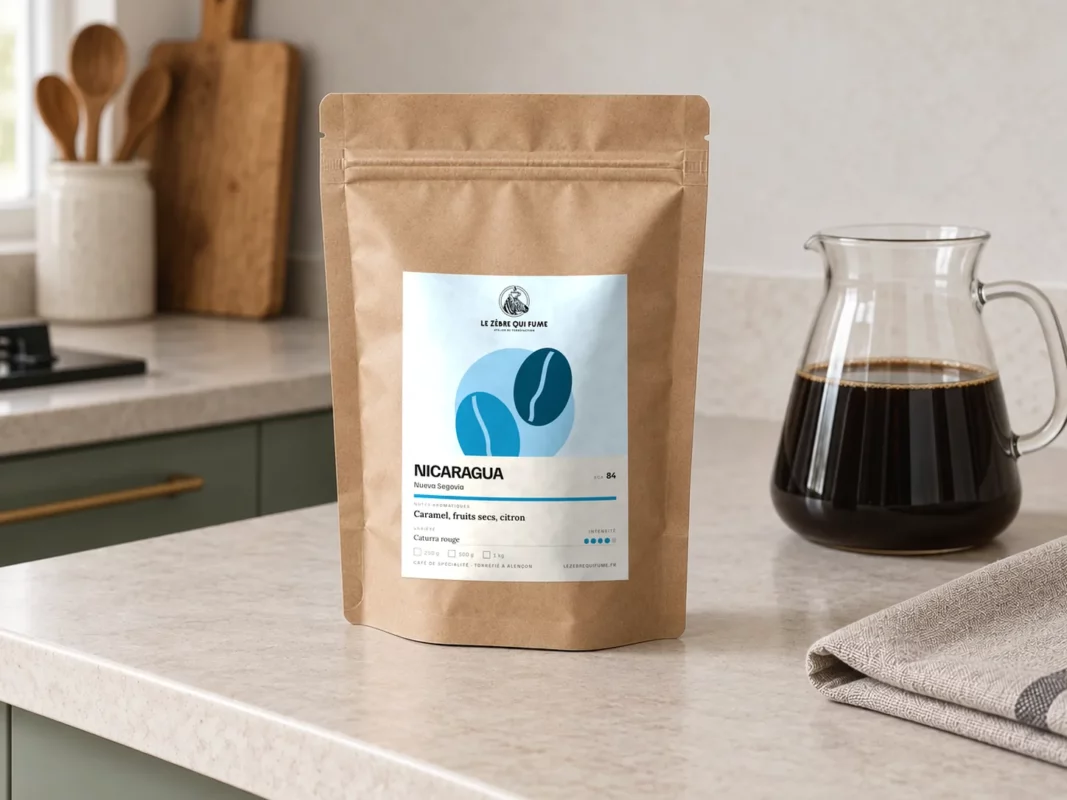 Sachet de café Nicaragua Nueva Segovia près de la carafe de café sur un plan de travail