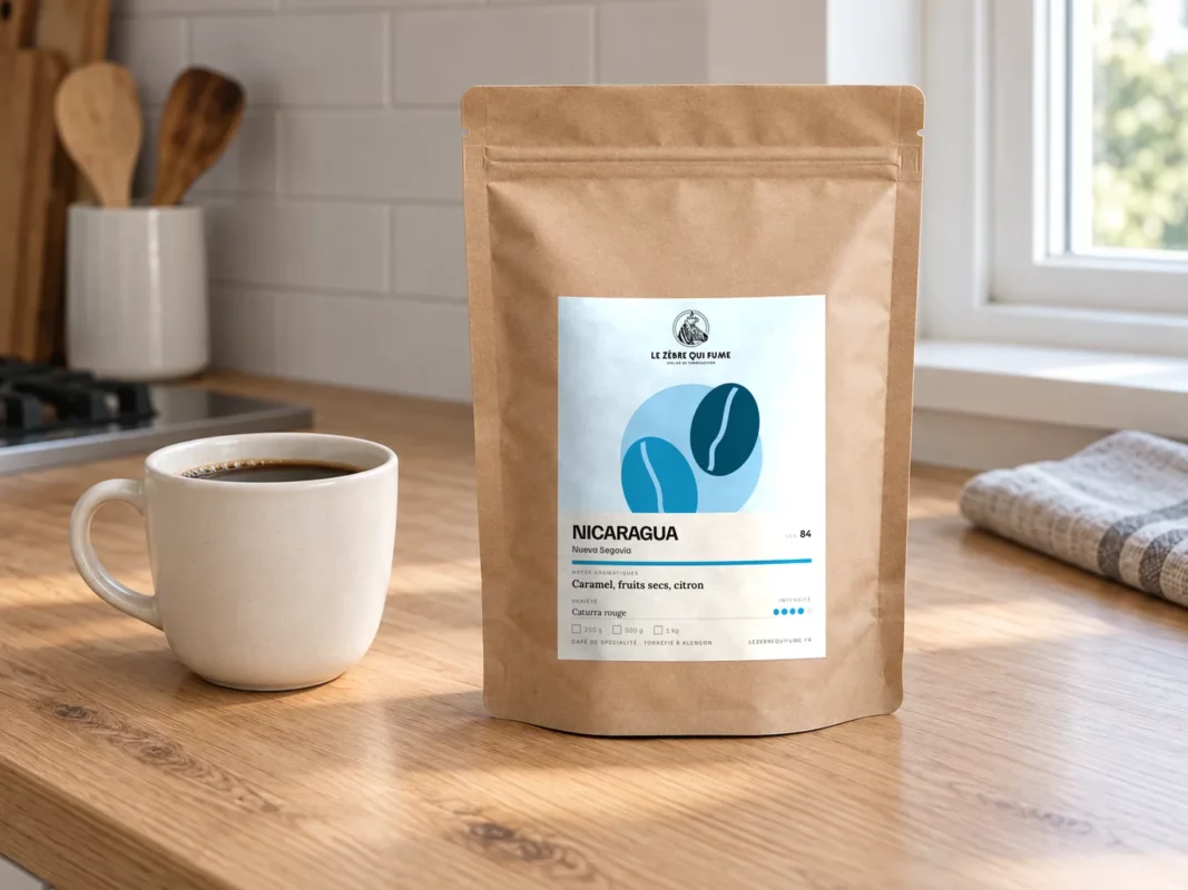Sachet de café Nicaragua Nueva Segovia près de la tasse de café à la fenêtre