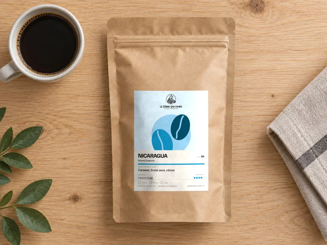 Sachet de café Nicaragua Nueva Segovia et une tasse de café vus du dessus sur une table