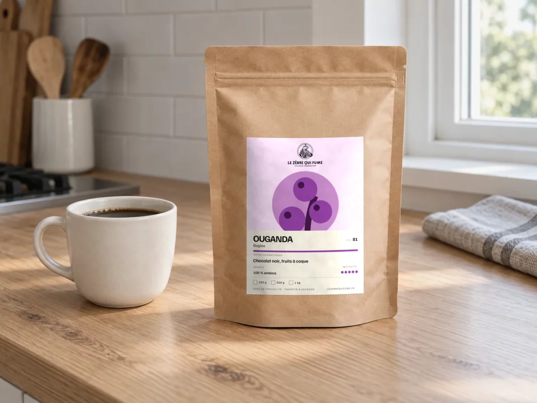 Sachet de café Ouganda Bugisu près de la tasse de café à la fenêtre