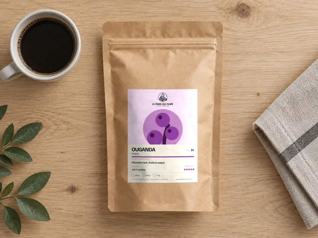 Sachet de café Ouganda Bugisu et une tasse de café vus du dessus sur une table