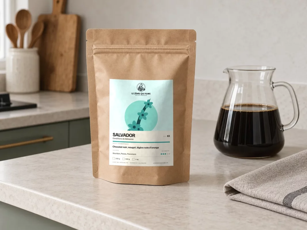 Sachet de café Salvador Cordillera de Bálsamo près de la carafe de café sur un plan de travail