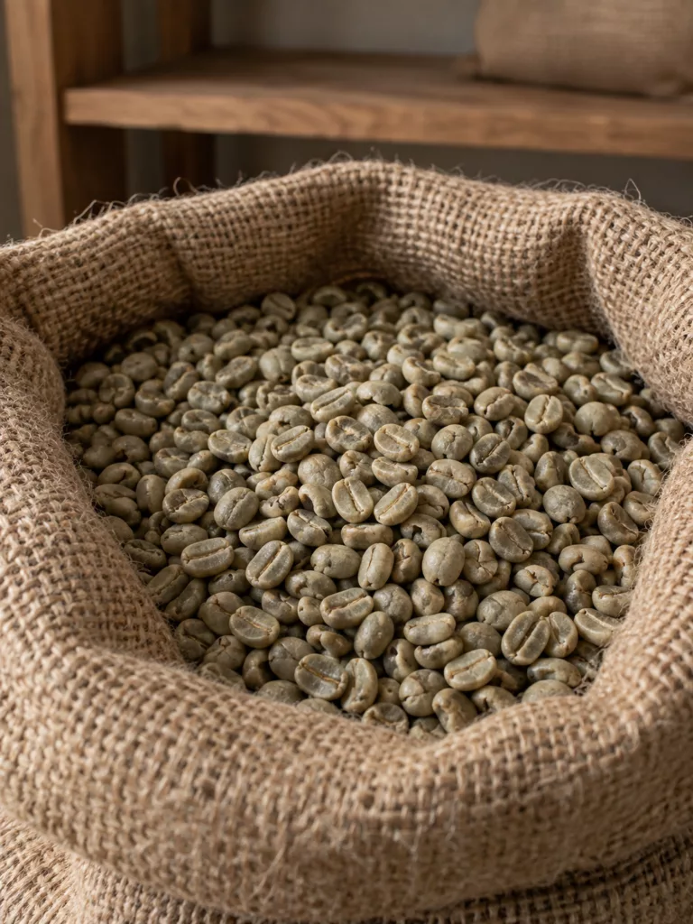 Café vert en sac de jute avant la torréfaction
