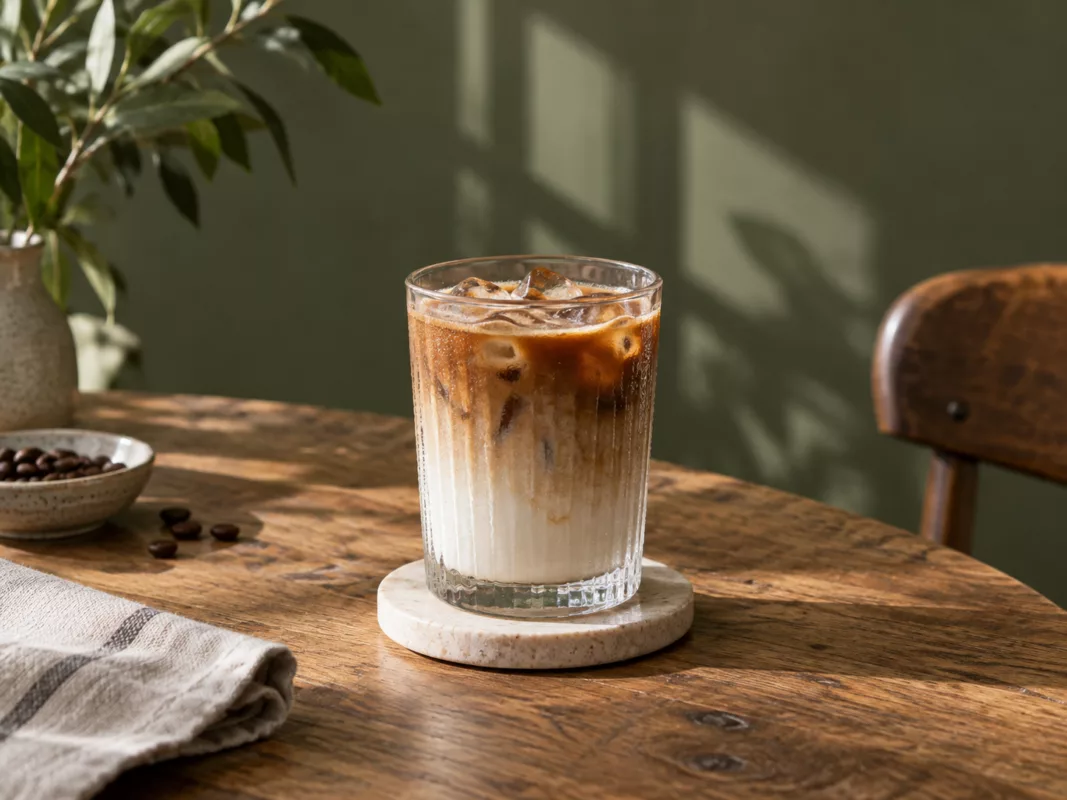 Latte glacé dans un verre sur une table en bois