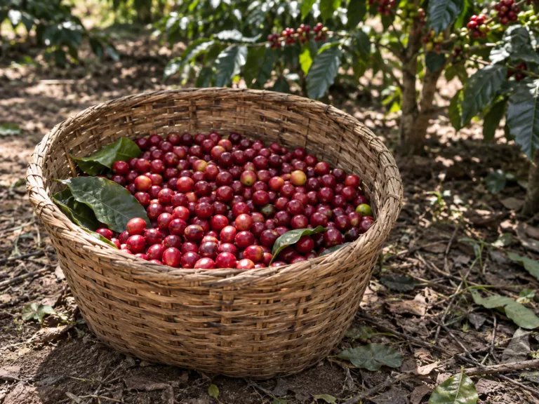 Panier de cerises de café fraîchement récoltées
