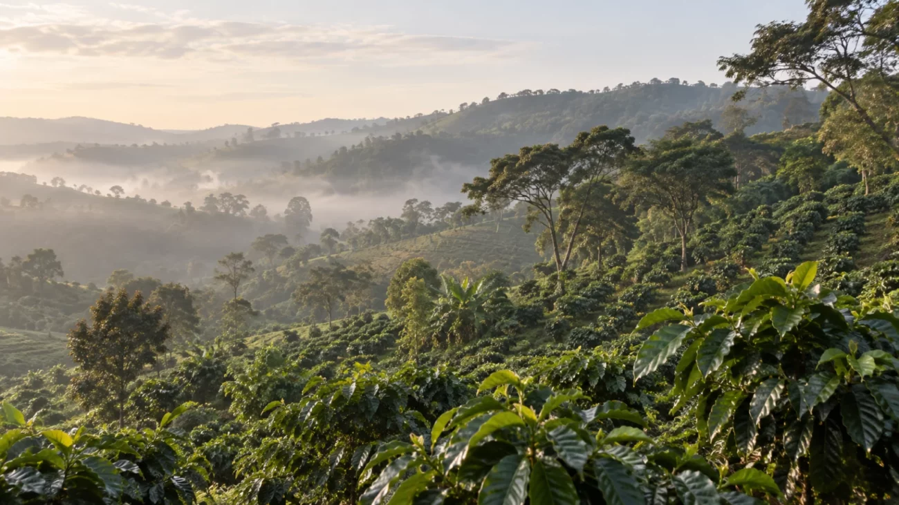 Plantation de caféiers sur des collines dans la brume du matin