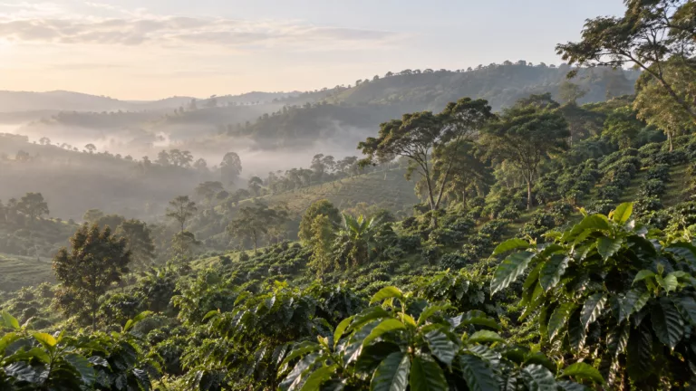 Plantation de caféiers sur des collines dans la brume du matin
