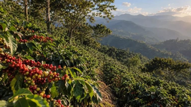 Illustration : caféiers chargés de cerises rouges et jaunes sur une pente, montagnes dans la lumière du soir