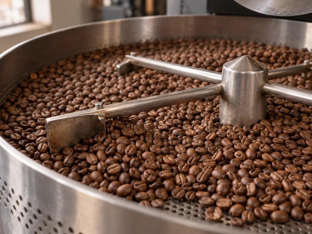 Grains de café fraîchement torréfiés dans le bac de refroidissement d’un torréfacteur
