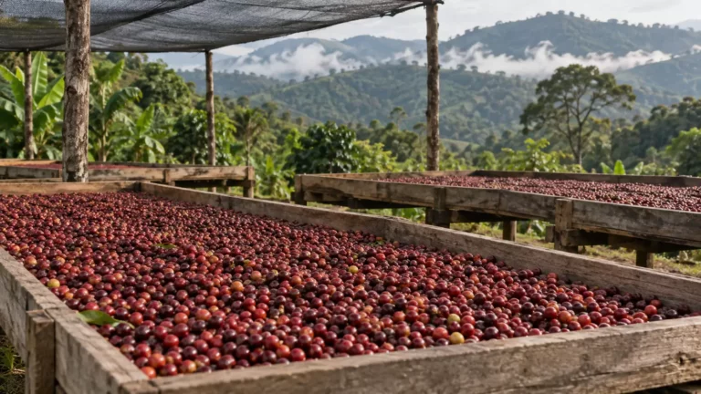 Illustration : cerises de café séchant sur des lits en bois sous un filet d’ombrage, collines boisées et nuages
