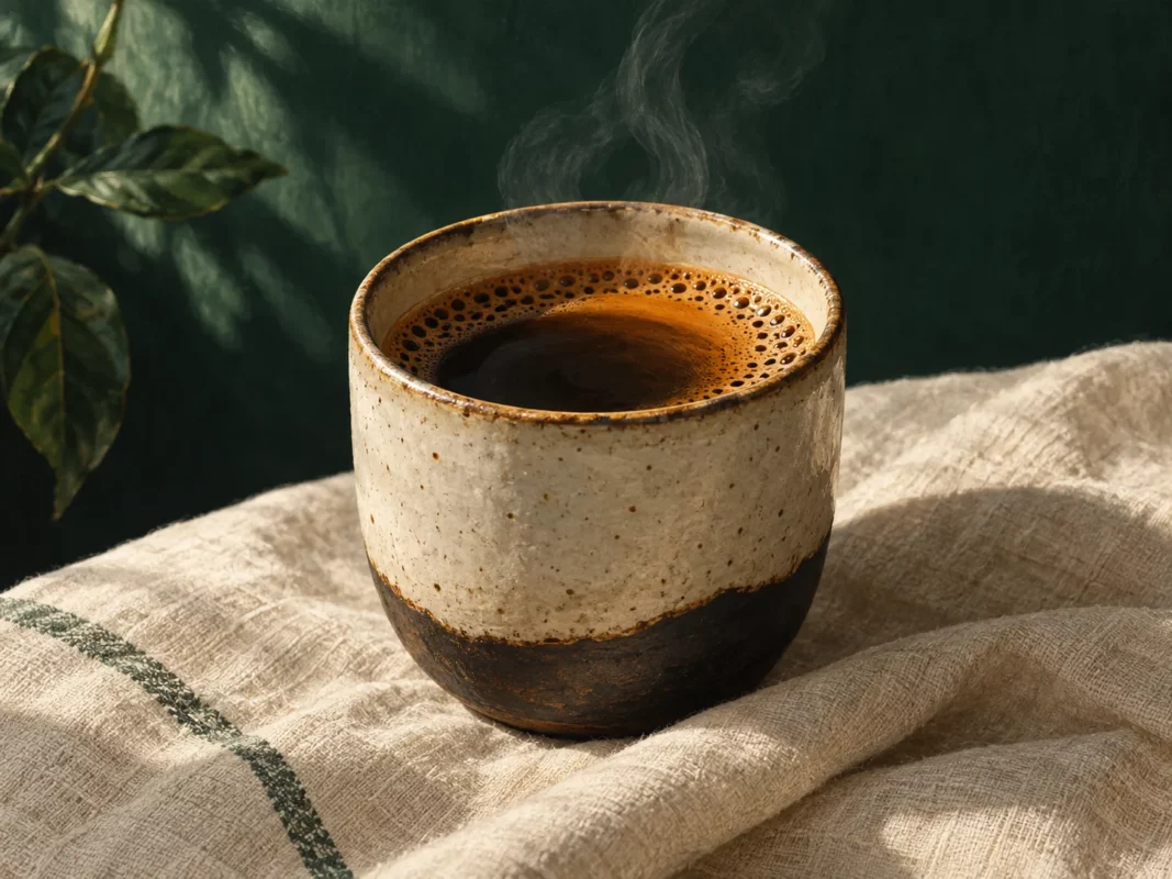 Tasse de café filtre fumante sur un linge crème
