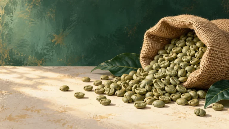 Grains de café vert sortant d’un sac en toile de jute