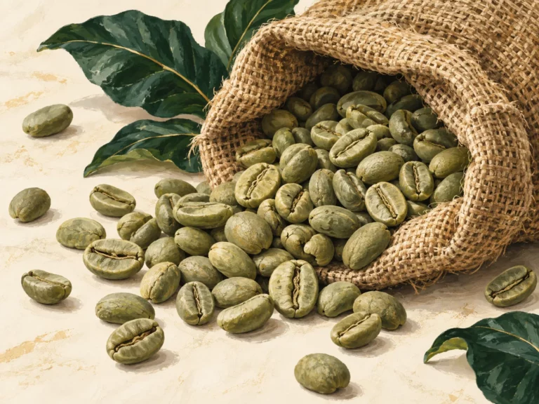 Grains de café vert dans un sac en toile de jute, en gros plan