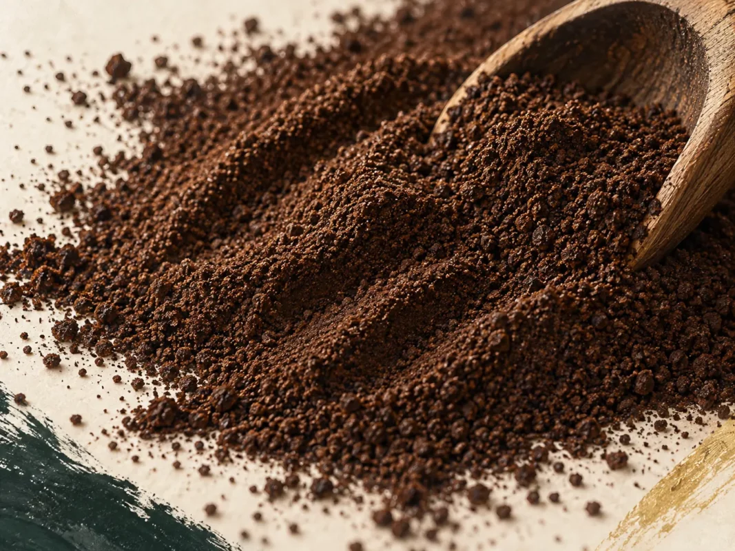 Café fraîchement moulu et cuillère en bois en gros plan